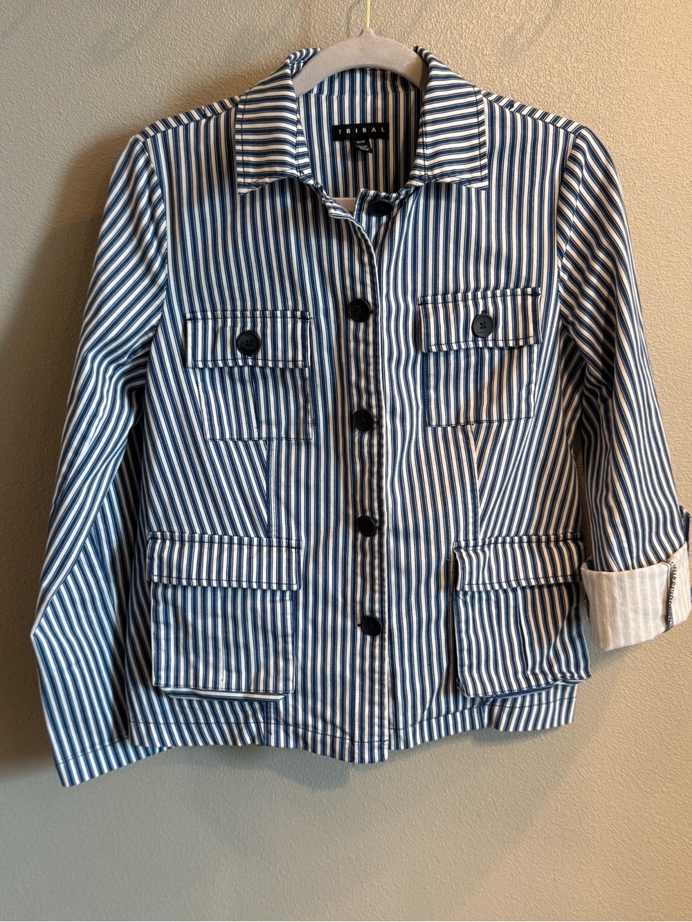 Tribal Blue and White Striped Coastal Button-Up Jacket Size M - Picture 2 of 13